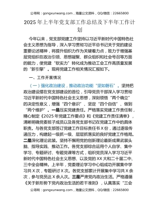 2025年上半年党支部工作总结及下半年工作计划