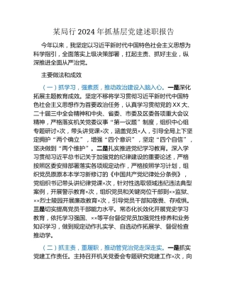 某局行2024年抓基层党建述职报告