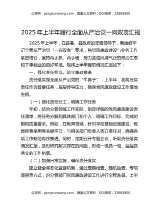 2025年上半年履行全面从严治党一岗双责汇报