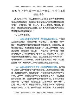 2025年上半年履行全面从严治党主体责任工作情况报告