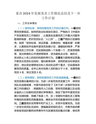 某市2024年发展党员工作情况总结及下一步工作计划