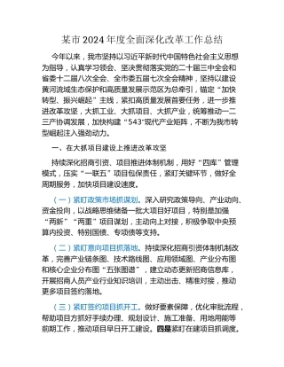 某市2024年度全面深化改革工作总结