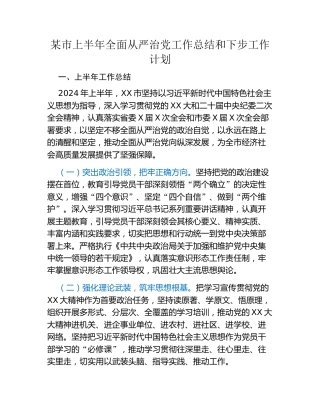 某市上半年全面从严治党工作总结和下步工作计划