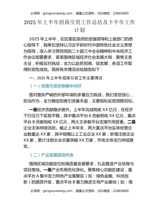 2025年上半年招商引资工作总结及下半年工作计划​