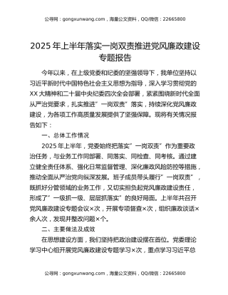 2025年上半年落实一岗双责推进党风廉政建设专题报告 (2)