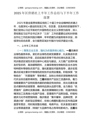 2025年区供销社上半年工作总结与下半年工作部署