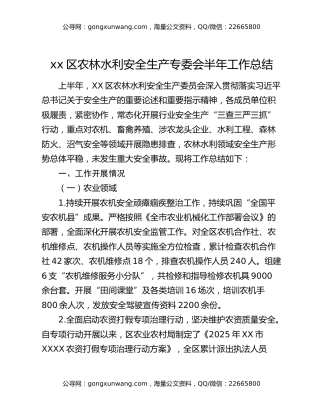 2025年区农林水利安全生产专委会上半年工作小结