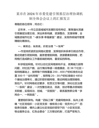 某市在2024年市委党建引领基层治理协调机制全体会会议上的汇报发言