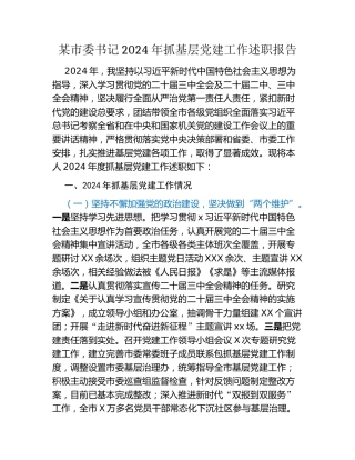 某市委书记2024年抓基层党建工作述职报告