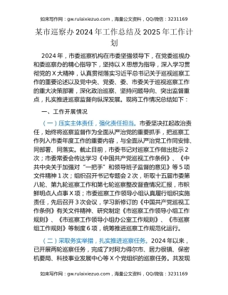 某市巡察办2024年工作总结及2025年工作计划