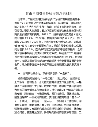某市招商引资经验交流总结材料