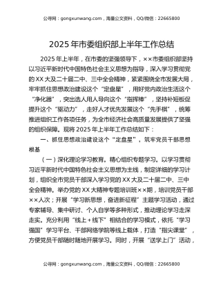 2025年市委组织部上半年工作总结