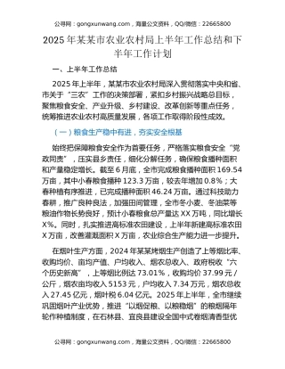 2025年某某市农业农村局上半年工作总结和下半年工作计划