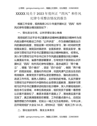 XXXXX局关于2023年度纠正“四风”和作风纪律专项整治情况的报告