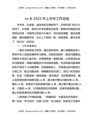 xx乡2025年上半年工作总结（2）