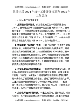 某统计局2024年统计工作开展情况和2025年工作思路