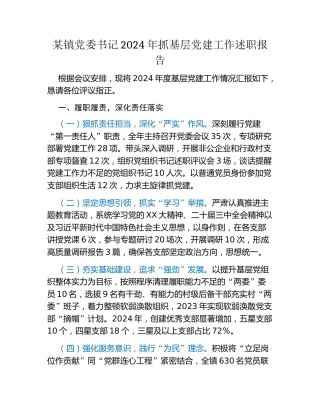 某镇党委书记2024年抓基层党建工作述职报告