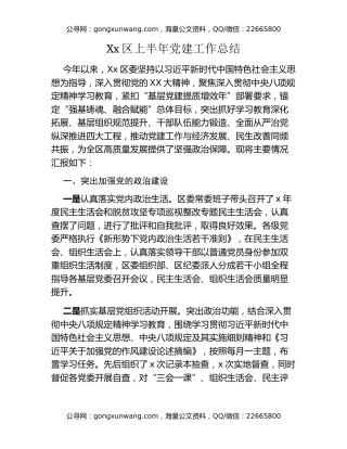 Xx区上半年党建工作总结