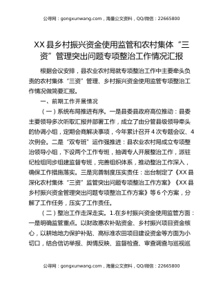 XX县乡村振兴资金使用监管和农村集体“三资”管理突出问题专项整治工作情况汇报