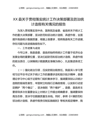 XX县关于贯彻落实统计工作决策部署及防治统计造假有关情况的报告