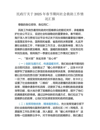 民政厅关于2025年春节期间社会救助工作情况汇报