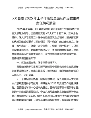 xx县委2025年上半年落实全面从严治党主体责任情况报告