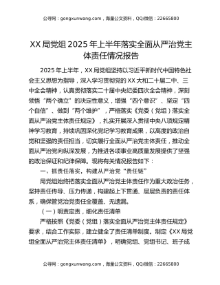 xx局党组2025年上半年落实全面从严治党主体责任情况报告