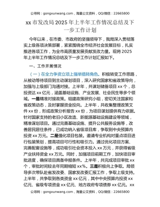 xx市发改局2025年上半年工作情况总结及下一步工作计划