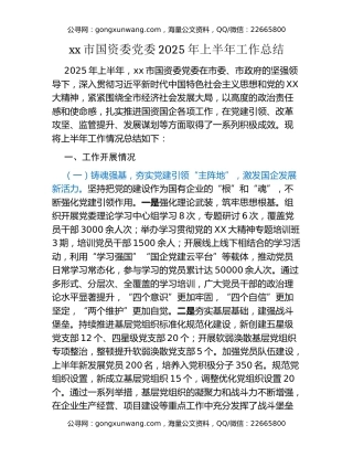 xx市国资委党委2025年上半年工作总结