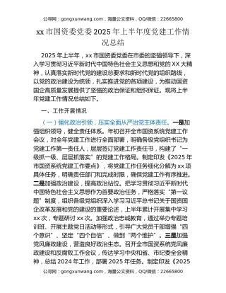xx市国资委党委2025年上半年度党建工作情况总结