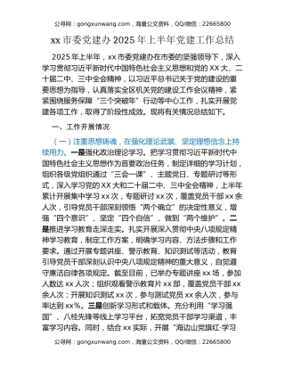 xx市委党建办2025年上半年党建工作总结 (2)