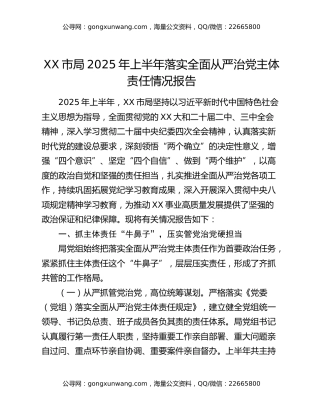 xx市局2025年上半年落实全面从严治党主体责任情况报告