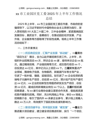 xx市工业园区党工委2025年上半年工作情况总结