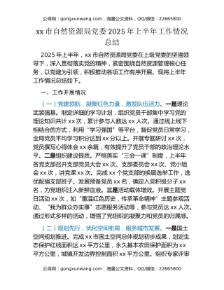 xx市自然资源局党委2025年上半年工作情况总结