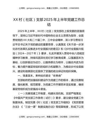 xx村（社区）支部2025年上半年党建工作总结