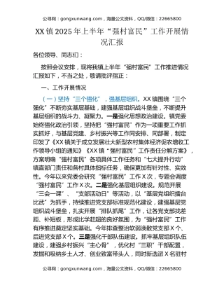 XX镇2025年上半年“强村富民”工作开展情况汇报