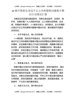 xx镇开展群众身边不正之风和腐败问题集中整治行动情况汇报