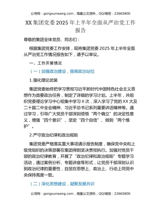 XX集团党委2025年上半年全面从严治党工作报告
