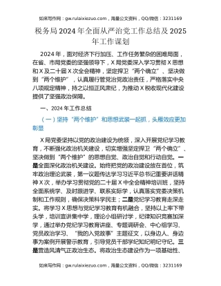 税务局2024年全面从严治党工作总结及2025年工作谋划