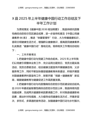 x县2025年上半年健康中国行动工作总结及下半年工作计划