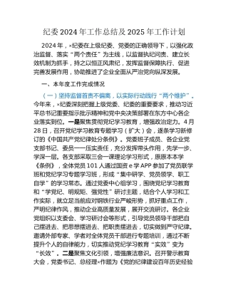 纪委2024年工作总结及2025年工作计划
