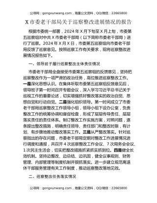 X市委老干部局关于巡察整改进展情况的报告