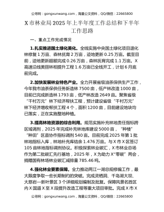 X市林业局2025年上半年度工作总结和下半年工作思路