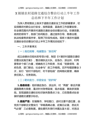 X镇镇农村道路交通综合整治行动上半年工作总结和下半年工作计划
