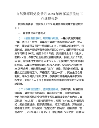 自然资源局党委书记2024年度抓基层党建工作述职报告