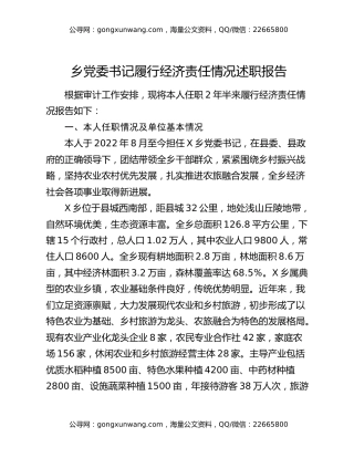乡党委书记履行经济责任情况述职报告