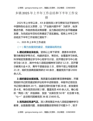 乡镇2025年上半年工作总结和 下半年工作安排