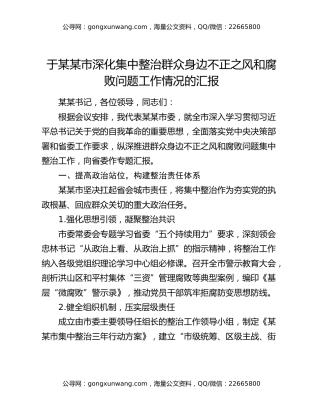 于某某市深化集中整治群众身边不正之风和腐败问题工作情况的汇报