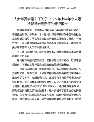 人大常委会副主任关于2025年上半年个人履行管党治党责任的情况报告