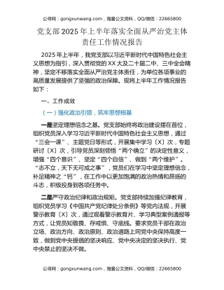 党支部2025年上半年落实全面从严治党主体责任工作情况报告